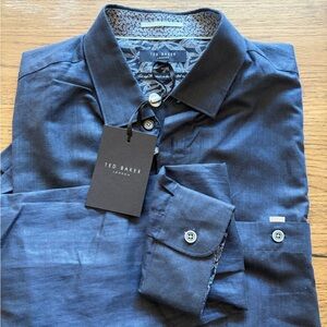 NWT Ted Baker Blue XLLinen Blend Button Long Sleeve Shirt Contrasting Collar